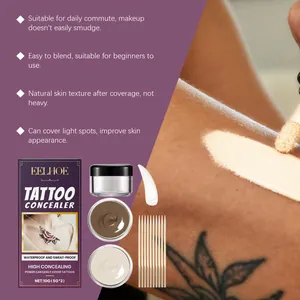 Professional tattoo concealer set showing packaging, components, and skin application detail
