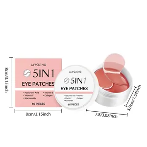 Detail view of 5-in-1 collagen eye patches showing precise dimensions for box and container