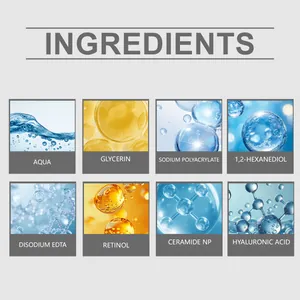 Ingrédients clés du masque yeux : Rétinol, Acide Hyaluronique et Céramide NP pour soin.