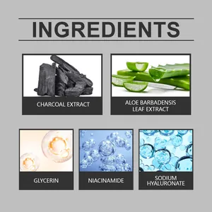 Detalle de los ingredientes de la mascarilla negra para ojos: carbón, aloe y niacinamida.