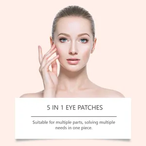Model showcasing 5-in-1 collagen eye patches for multiple facial skin care needs.