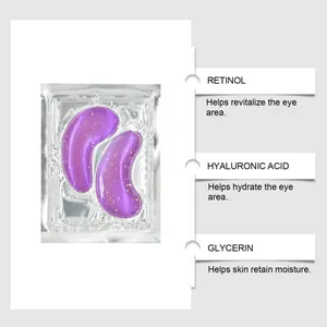 Détail des patchs yeux violets pailletés montrant le rétinol et l'acide hyaluronique