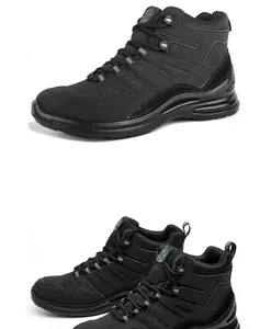 Detailed side and angled views of durable high-top safety work boots in matte black