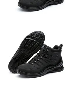 Detail of black high-top safety work boots with 10kv insulation and slip-resistant sole