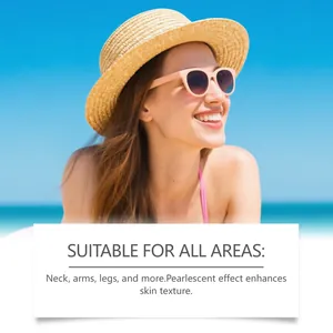 Woman smiling in the sun displaying pearlescent body oil effect on neck, arms and legs.