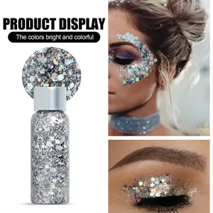 Gel corporal de purpurina plateada con ejemplos de maquillaje para rostro y ojos