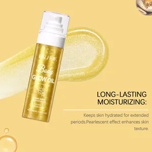 Macro view of EELHOE Body Glow Oil showing pearlescent texture and SPF 30 features.