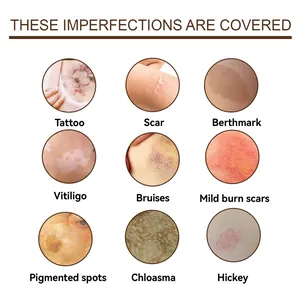 Détail en gros plan de 9 imperfections cutanées couvertes par le correcteur