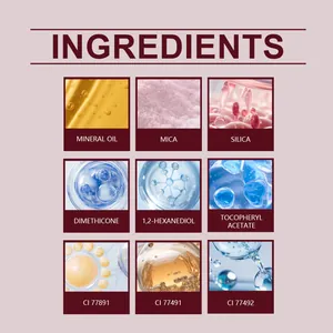 Close-up detail of cosmetic ingredient list including mineral oil, mica, and silica for blush