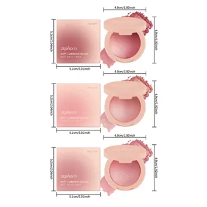 Dimensiones del rubor perlado Zephoco en tonos rosa claro, nude y rosa melocotón