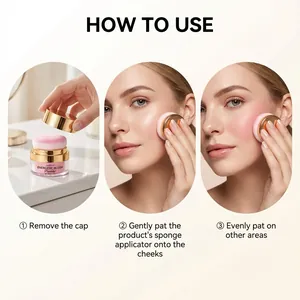 Detailed three-step usage guide for pink energetic blush powder with sponge applicator