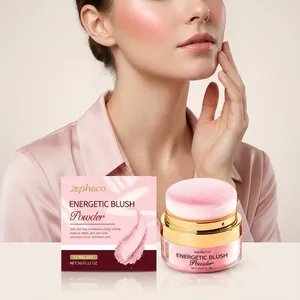 Close-up of model using Zephoco coral red blush powder with product jar and packaging