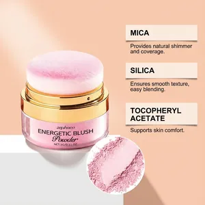 Detailed view of Zephoco peach pink blush powder with ingredient benefits and shimmer texture.