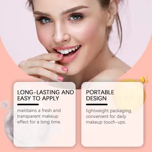 Primer plano del efecto de maquillaje radiante para rubor perlado con descripciones inglés
