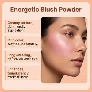Professional peach pink blush powder showing creamy texture and natural glowing finish on skin