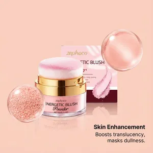 Detailed macro view of Zephoco Peach Pink blush powder and its shimmer texture.