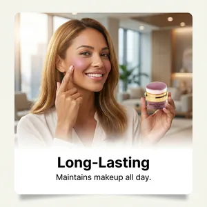 Detail showing the long-lasting effect of berry blush powder on a woman's cheek.