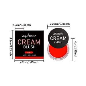 Dimensiones detalladas del rubor en crema rojo zephoco en frasco y caja de empaque