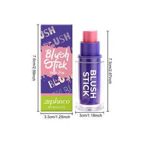 Detailed size measurements for zephoco nude pink silky blush stick and purple box.