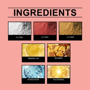 Detail of blush stick ingredients: mineral oil, beeswax, tocopherol, and pigments