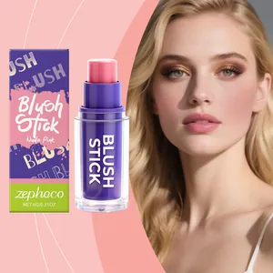 Detailed view of zephoco Nude Pink blush stick with model showcasing natural glow