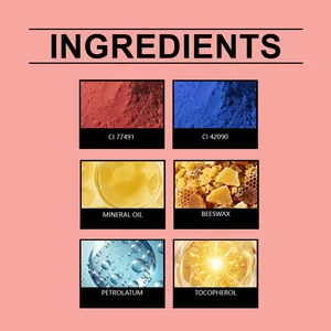 Detail view of silk blush stick ingredients including mineral oil beeswax and tocopherol