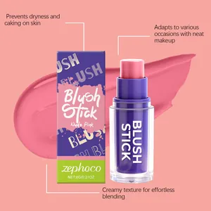 Detail of Zephoco nude pink blush stick with creamy texture and packaging box