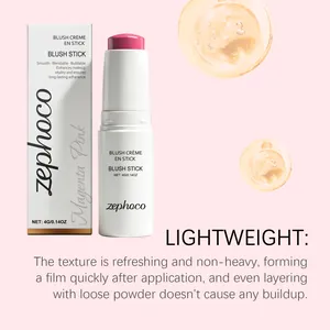 Close-up of Zephoco Magenta Pink blush stick with its packaging and texture description