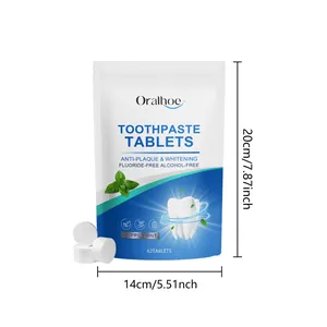 Détail des comprimés de dentifrice Oralhoe à la menthe avec dimensions du sachet 14x20cm