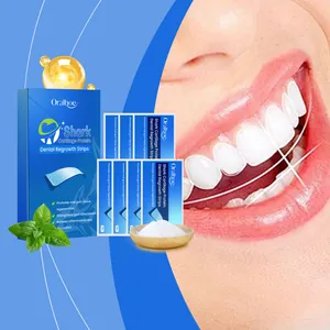 Close-up of Oralhoe dental strips with a bright smile showing white teeth.