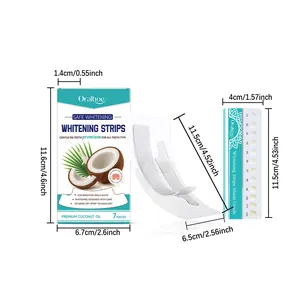 Detail view of Oralhoe teeth whitening strips set with product dimensions and shade guide