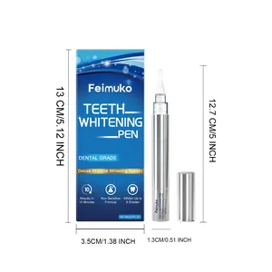 Detail view showing Feimuko teeth whitening pen and box dimensions in cm and inches.