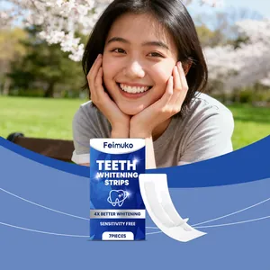 Professional Feimuko teeth whitening strips shown with smiling model in cherry blossom park