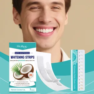 ORALHOE coconut oil whitening strips with 7 pieces and tooth shade guide detail.