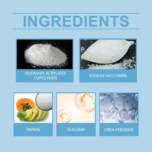 Detailed ingredient list for tooth brightening strips showing papain and urea peroxide.