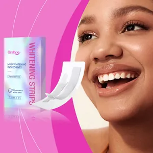 Close-up of Oralhoe mild teeth whitening strips packaging and model radiant smile