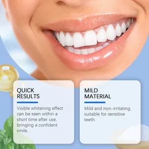 Close-up of bright smile with text describing quick whitening and mild material