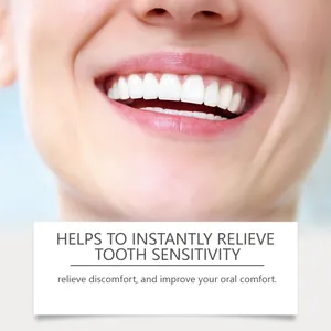 Close-up of a bright white smile with tooth sensitivity relief text for oral care gel