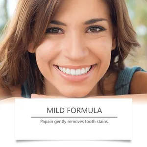 Oralhoe teeth whitening strips showing bright smile and mild papain formula detail info