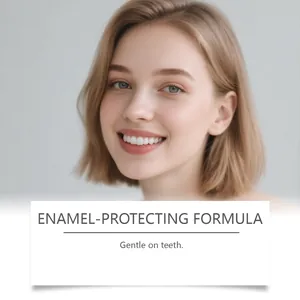 Close-up of a smiling woman with white teeth highlighting enamel-protecting formula.
