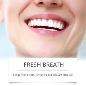 Macro view of bright white teeth and healthy smile demonstrating fresh breath effect.