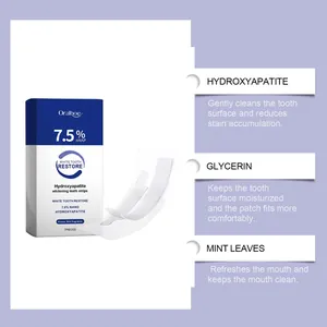Detail of Oralhoe teeth whitening strips showing key ingredients like hydroxyapatite