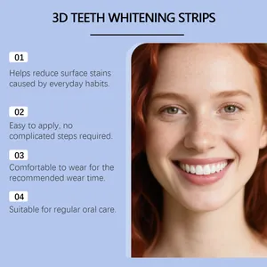 Detail showing a smiling woman and four key benefits of 3D teeth whitening strips
