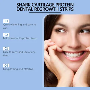 Smiling woman showcasing white teeth with dental regrowth strips benefits listed