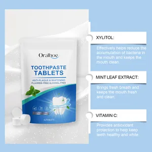 Détails des tablettes dentifrices Oralhoe à la menthe avec ingrédients Xylitol et Vitamine C