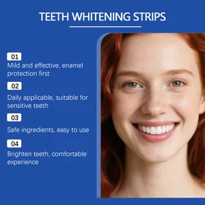 Close-up of a smiling woman showing white teeth for whitening strips description