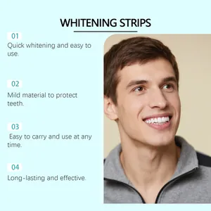 Man smiling with white teeth and dental whitening strips benefit descriptions