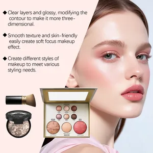 Detalle de paleta de maquillaje multifuncional con sombra, rubor e iluminador