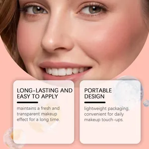 Close-up of natural pink blush on cheek with long-lasting makeup effect description cards