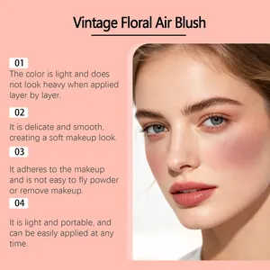 Close-up detail of a vintage floral air blush showing a natural rosy matte finish on skin.